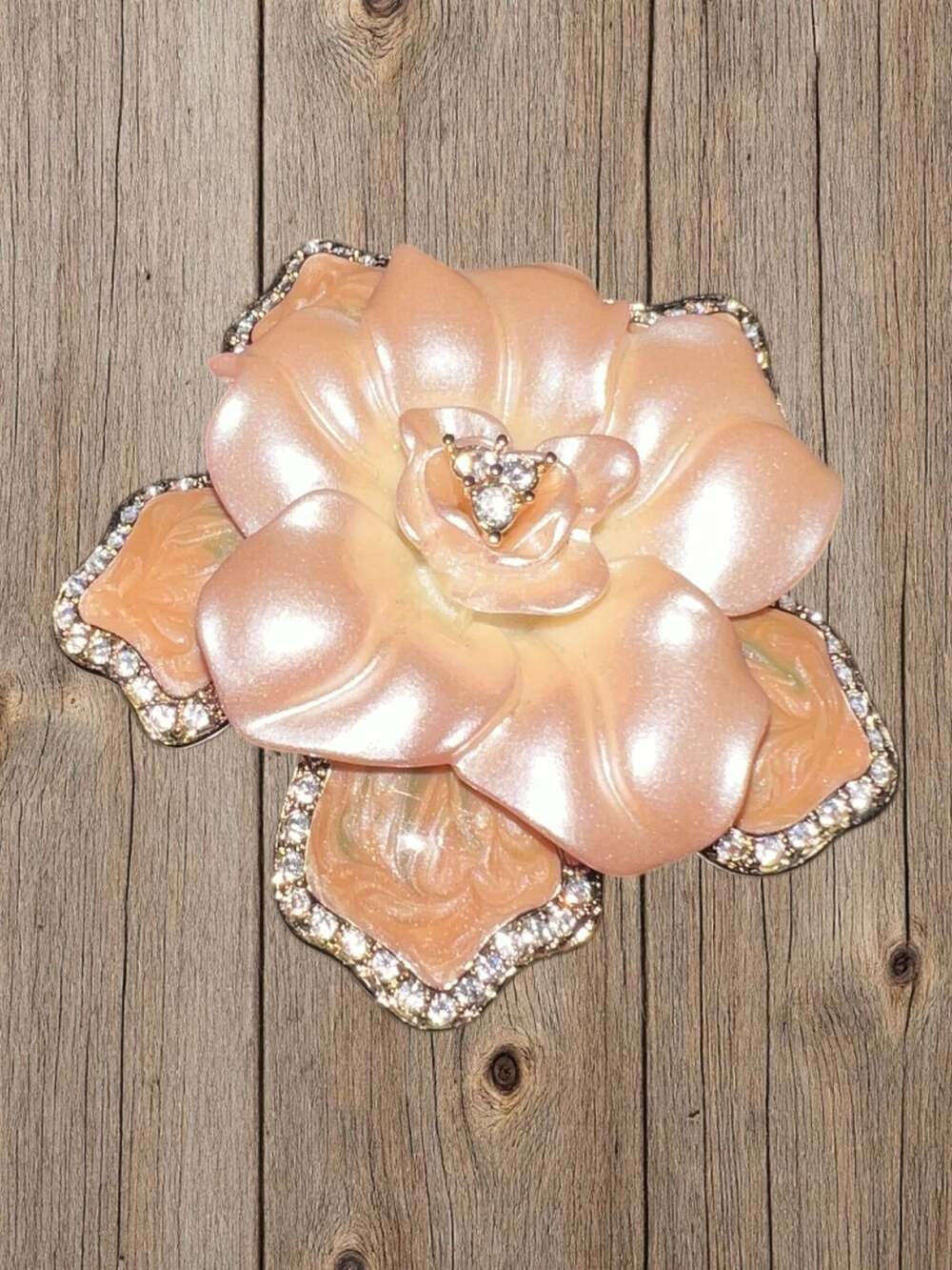 Nolan Miller Peach Enamel Flower Brooch Pin with Rhinestones